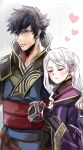  1boy 1girl arm_grab blush closed_eyes female_my_unit_(fire_emblem:_kakusei) fire_emblem fire_emblem:_kakusei heart hetero highres japanese_clothes my_unit_(fire_emblem:_kakusei) ronku sabano_(haldir) simple_background smile twintails white_background white_hair 