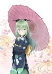  1girl blue_eyes blush floral_background green_hair hair_ornament hair_ribbon hairclip holding japanese_clothes kantai_collection kimono long_hair looking_at_viewer oriental_umbrella parted_lips ribbon solo sora_(kari) umbrella yamakaze_(kantai_collection) yukata 