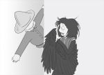  1girl bird crow crying feathers messy_hair monochrome monster_girl original scarecrow scared wall wings 