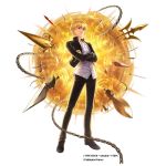  1boy black_jacket black_pants blonde_hair chains collarbone crossed_arms dress_shirt fate/stay_night fate_(series) full_body gate_of_babylon gilgamesh jacket looking_at_viewer official_art open_clothes open_jacket pants parted_lips red_eyes shirt short_hair simple_background solo standing weapon_request white_background white_shirt 