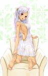  1girl ass barefoot blush dress facial_mark feet highres kazeno kneeling long_hair looking_at_viewer looking_back open-back_dress original panties red_eyes see-through silver_hair soles solo tattoo toes underwear 