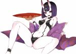  angelo_(gomahangetsu) anklet bare_shoulders breasts fate/grand_order fate_(series) horns jewelry looking_at_viewer navel pillow purple_hair short_hair shuten_douji_(fate/grand_order) simple_background smile thighs violet_eyes white_background 