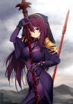  1girl armor bangs between_breasts blush bodysuit breasts closed_mouth covered_navel cowboy_shot erect_nipples fate/grand_order fate_(series) from_side gae_bolg highres holding holding_weapon kazuma_muramasa large_breasts long_hair looking_at_viewer looking_to_the_side pauldrons purple_bodysuit purple_hair red_eyes scathach_(fate/grand_order) shoulder_armor smile solo veil weapon 