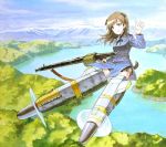  1girl animal_ears brown_eyes brown_hair dog_ears dog_tail flying gun johanna_wiese landscape long_hair machine_gun marker_(medium) mg42 military military_uniform millipen_(medium) mountain neck_ribbon ribbon river shiratama_(hockey) sky sling smile solo striker_unit tail traditional_media uniform waving weapon world_witches_series 