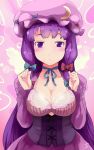  :&lt; alternate_costume artist_name bangs blue_bow blue_ribbon blunt_bangs blush bow bra breast_squeeze breasts cleavage corset crescent crescent_hair_ornament dress hair_bow hair_ornament hair_ribbon hat hat_ribbon highres large_breasts long_hair mob_cap patchouli_knowledge purple_hair red_bow red_ribbon ribbon sinzan touhou underwear very_long_hair violet_eyes 