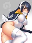  1girl ass black_hair blush breasts brown_eyes emperor_penguin_(kemono_friends) grey_background hair_over_one_eye headphones highres hips hitotsuki_nebura kemono_friends large_breasts light_smile long_hair looking_at_viewer solo thigh-highs thighs white_legwear 