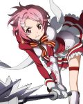  1girl bow bowtie gloves hair_ornament hairclip holding holding_weapon lisbeth looking_at_viewer parted_lips pink_hair red_eyes short_hair simple_background solo spaulders striped striped_bow sword_art_online thigh_strap warhammer weapon white_background white_bow white_gloves 