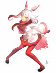  1girl bangs bird_tail black_shoes blunt_bangs crested_ibis_(kemono_friends) eyebrows_visible_through_hair full_body gloves head_wings kemono_friends long_sleeves looking_at_viewer medium_hair miniskirt multicolored_hair open_mouth pantyhose pleated_skirt red_gloves red_legwear red_skirt shirt shoes sidelocks signature silver_hair simple_background skirt solo standing two-tone_hair white_background white_shirt xxx-ff yellow_eyes 