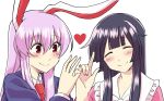  2girls ^_^ animal_ears bangs black_hair blazer blush bow closed_eyes commentary_request finger_gun head_tilt heart hime_cut houraisan_kaguya index_finger_raised jacket lavender_hair long_sleeves looking_at_another mana_(gooney) multiple_girls nail_polish necktie pink_nails pinky_swear purple_hair rabbit_ears red_eyes red_necktie reisen_udongein_inaba simple_background smile touhou white_background yuri 