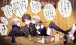  2boys 2girls alcohol black_boots black_hair black_jacket black_necktie black_ribbon blue_eyes blush boots bottle breasts choko_(cup) collarbone cup drinking_glass drunk fang fate/grand_order fate_(series) fujimaru_ritsuka_(male) fur_trim girl_sandwich hair_ribbon jacket james_moriarty_(fate/grand_order) jeanne_alter jewelry knee_boots leg_lift long_hair long_sleeves looking_at_another low_ponytail multiple_boys multiple_girls necklace necktie off_shoulder open_mouth pale_skin ribbon ruler_(fate/apocrypha) saber saber_alter sake sake_bottle sandwiched short_hair shorts silver_hair suit_jacket sushimaro tokkuri translation_request wine wine_bottle wine_glass yellow_eyes 