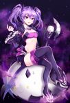  1girl :3 aisha_(elsword) angkor_(elsword) bandeau boots breasts creature elsword full_body hamericano highres legs_crossed looking_at_viewer miniskirt purple purple_background purple_boots purple_hair purple_skirt short_hair sitting sitting_on_person skirt small_breasts smile staff sweat thigh-highs thigh_boots twintails violet_eyes void_princess_(elsword) 