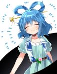  1girl ^_^ bangs belt blue_dress blue_hair blush breasts closed_eyes closed_mouth collarbone dress flower fukurahagi_uomaru hair_ornament hair_rings hair_stick kaku_seiga looking_at_viewer open_clothes open_vest puffy_short_sleeves puffy_sleeves ringlets short_sleeves smile solo touhou vest 