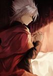  1boy bad_id bad_twitter_id cape closed_eyes closed_mouth commentary_request dark_skin dark_skinned_male earrings fate/apocrypha fate_(series) hands_clasped jewelry kotomine_shirou light_particles long_sleeves necklace praying profile red_cape solo spiky_hair sunlight white_hair wowishi 