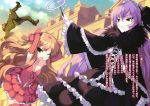  1boy 2girls black_dress breasts brown_eyes brown_hair cleavage collarbone dress elbow_gloves gloves gothic_lolita green_eyes highres holding lolita_fashion long_hair louise_francoise_le_blanc_de_la_valliere magic multiple_girls novel_illustration official_art open_mouth outdoors purple_hair red_dress red_gloves red_legwear small_breasts thigh-highs usatsuka_eiji zero_no_tsukaima 