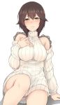  1girl absurdres blue_eyes blush breasts brown_hair detached_sleeves hayasui_(kantai_collection) highres kantai_collection long_sleeves looking_at_viewer medium_breasts no_pants ribbed_sweater short_hair solo suisen_toire_(moko924) sweater sweater_vest turtleneck 