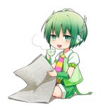  1boy buck_teeth cup green_eyes green_hair headphones indian_style looking_at_viewer lowres male_focus mizuhoshi_taichi mug necktie newspaper puffy_short_sleeves puffy_sleeves ryuuto_(vocaloid) short_hair short_sleeves shorts simple_background sitting smile smug striped striped_necktie vocaloid white_background 