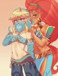  1boy 1girl abs absurdres alternate_costume blonde_hair blue_lipstick circlet crossdressinging dark_skin detached_sleeves gerudo gerudo_link hands_on_another&#039;s_shoulders highres kaibuzetta link lipstick makeup midriff multiple_boys navel pointy_ears redhead the_legend_of_zelda the_legend_of_zelda:_breath_of_the_wild toned trap urbosa veil 