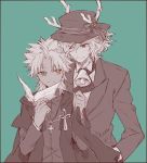  2boys bell cape citron_82 dark_skin edmond_dantes_(fate/grand_order) fate/apocrypha fate/grand_order fate_(series) formal hat jewelry kotomine_shirou long_hair male_focus mask monochrome multiple_boys necklace open_mouth red_eyes short_hair simple_background smile suit yaoi yellow_eyes 