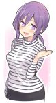  1girl :d apron blush breasts cowboy_shot hand_up long_sleeves medium_breasts minoa_(lastswallow) open_mouth original ponytail purple_hair shirt short_hair simple_background smile solo striped striped_shirt turtleneck violet_eyes 