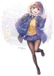  1girl ai-chan_(tawawa) bag blush braid breasts coat getsuyoubi_no_tawawa hair_ornament large_breasts looking_at_viewer nanase_meruchi necktie open_mouth pantyhose school_bag school_uniform shirt shoes short_hair signature skirt smile solo sweater toggles train_station waving 