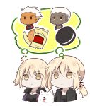  2boys 2girls :&lt; :3 :p ahoge archer artist_request black_jacket black_shirt blonde_hair breasts chibi closed_mouth coat commentary_request cookie cross cross_necklace dark_persona dark_skin dark_skinned_male dog dual_persona emiya_alter empty_eyes expressionless eyebrows_visible_through_hair fate/grand_order fate_(series) food fur-trimmed_coat fur_collar fur_trim highres jacket jeanne_alter jewelry jitome long_hair low_ponytail medium_breasts multiple_boys multiple_girls necklace open_clothes open_jacket oreo pendant ponytail ruler_(fate/apocrypha) saber saber_alter shared_thought_bubble shirt short_hair simple_background solid_circle_eyes thinking thought_bubble tongue tongue_out upper_body very_dark_skin white_background white_hair wrapper yellow_eyes 