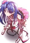  1girl alternate_costume bare_shoulders bent_over blue_eyes blush chains cinderella_(mary_skelter) earrings hair_ornament jewelry looking_at_viewer mary_skelter mizunashi_(second_run) side_ponytail solo 