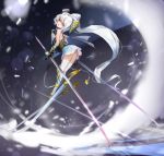  1girl ass bare_shoulders blue_eyes long_hair looking_at_viewer looking_back observerz original ponytail skis solo sword thigh-highs weapon white_hair 