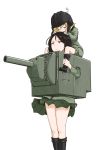  2girls 9so_(ponchon) bangs black_boots black_hair black_skirt blonde_hair blue_eyes blush_stickers boots carrying closed_eyes commentary cosplay cowboy_shot girls_und_panzer green_jacket ground_vehicle hands_on_another&#039;s_head helmet highres jacket katyusha kv-2 long_hair long_sleeves military military_uniform military_vehicle miniskirt motor_vehicle multiple_girls nonna pleated_skirt saliva short_hair short_jumpsuit shoulder_carry simple_background skirt sleeping sleeping_on_person standing swept_bangs tank uniform white_background 