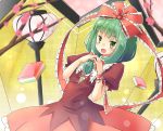  1girl :d arm_ribbon arnest blush bow cherry_blossoms dress frills front_ponytail green_eyes green_hair hair_bow hair_ribbon kagiyama_hina lantern looking_at_viewer open_mouth paper_lantern red_dress ribbon short_sleeves smile solo touhou 