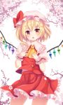  1girl arm_ribbon ascot bangs blonde_hair blush bow collared_shirt cowboy_shot crystal dress_shirt eyebrows_visible_through_hair flandre_scarlet flower frilled_cuffs frilled_shirt_collar frilled_skirt frills hands_on_own_chest hands_up hat hat_bow legs_apart looking_at_viewer mob_cap open_mouth orange_eyes puffy_short_sleeves puffy_sleeves red_bow red_eyes red_skirt red_vest ribbon shirt short_sleeves side_ponytail skirt skirt_set solo spread_wings teeth touhou vest wei_re white_hat white_shirt wings wrist_cuffs yellow_ascot 