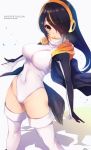  1girl arched_back black_hair brown_eyes covered_navel emperor_penguin_(kemono_friends) fukai_ryousuke hair_over_one_eye headphones hood hoodie kemono_friends leotard long_hair looking_at_viewer multicolored_hair open_clothes standing thigh-highs white_legwear white_leotard 
