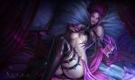  1girl absurdres artist_name bare_shoulders black_legwear breast_suppress breasts claws commentary curtains evelynn glowing glowing_eyes hair_up highres league_of_legends licking_lips long_pointy_ears looking_at_viewer medium_breasts naughty_face pillow pink_eyes pointy_ears purple_hair realistic sitting solo spikes taekwon_kim thigh-highs thigh_strap tongue tongue_out watermark web_address 