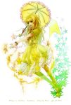  1girl 2013 blonde_hair bracelet character_name copyright_name dated dress green_eyes hair_ornament jewelry long_hair open_mouth parasol personification plants_vs_zombies solo star starfruit_(pvz) teeth thigh-highs umbrella wail_(wailwind) white_background 