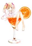  1girl 54hao bangs bare_arms bare_legs barefoot blonde_hair closed_mouth cocktail cocktail_glass cup dress drinking_glass eyebrows_visible_through_hair food fruit hair_between_eyes highres ice index_finger_raised knees_together_feet_apart long_hair long_legs looking_at_viewer orange orange_slice original partially_submerged short_dress simple_background sitting sleeveless sleeveless_dress smile solo toes twintails wavy_hair white_background white_dress yellow_eyes 
