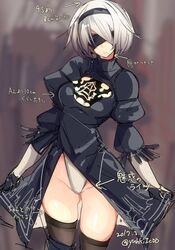  1girl black_dress black_legwear blindfold breasts closed_mouth cowboy_shot dated dress hairband highleg highleg_leotard juliet_sleeves leotard leotard_under_clothes long_sleeves looking_at_viewer medium_breasts nier_(series) nier_automata puffy_sleeves rib:y(uhki) short_hair silver_hair solo thigh-highs translation_request twitter_username yorha_no._2_type_b 