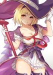  1girl blonde_hair boots bow breasts brown_eyes cleavage collarbone cowboy_shot djeeta_(granblue_fantasy) eyebrows_visible_through_hair frilled_gloves frilled_sleeves frills gloves granblue_fantasy hairband hand_on_headwear hat large_breasts looking_at_viewer neckerchief pleated_skirt purple_bow purple_hat purple_ribbon red_ribbon ribbon sash short_hair short_sleeves skirt smile solo staff tgh326 thigh-highs thigh_boots warlock_(granblue_fantasy) white_gloves white_skirt witch_hat yellow_eyes 