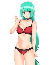  1girl arm_behind_back bangs bikini blunt_bangs blush breasts choker cleavage collarbone cowboy_shot eyebrows_visible_through_hair green_hair hand_up highres hips long_hair looking_at_viewer medium_breasts navel nezuko original parted_lips red_eyes simple_background skindentation smile solo standing strap_pull swimsuit thighs very_long_hair white_background 