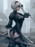  1girl black_dress black_legwear blindfold blindfold_lift breasts cleavage cleavage_cutout dress gloves green_eyes grey_eyes hairband highres katana lips md5_mismatch mirco_cabbia nier_(series) nier_automata parted_lips puffy_sleeves rain realistic revision short_hair signature silver_hair skirt solo sword watermark weapon yorha_no._2_type_b 