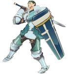  1boy armor armored_boots boots brown_gloves full_armor gloves green_hair hara_kazuhiro holding holding_shield holding_sword holding_weapon log_horizon naotsugu_(log_horizon) official_art open_mouth shield short_hair simple_background solo spaulders sword very_short_hair weapon white_background 