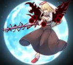  1girl black_skirt black_vest black_wings blonde_hair bobby_socks collared_shirt danmaku energy ex-rumia floating full_body full_moon halo highres holding holding_weapon karasu_tengu_a long_hair long_sleeves looking_at_viewer moon night red_eyes red_shoes rumia shirt shoes skirt smile socks sword touhou vest weapon white_legwear wing_collar wings 