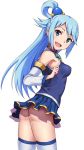  1girl aqua_(konosuba) ass bangs blue_eyes blue_hair blue_skirt breasts detached_sleeves eyebrows_visible_through_hair from_side hashi kono_subarashii_sekai_ni_shukufuku_wo! long_hair looking_at_viewer looking_back medium_breasts no_panties open_mouth shirt sidelocks simple_background skirt sleeveless sleeveless_shirt smile solo swept_bangs thigh-highs thighs white_background white_legwear zettai_ryouiki 