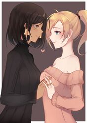  2girls bare_shoulders black_hair blonde_hair blue_eyes breasts brown_eyes dark_skin egg_(rxlal) eye_contact hair_tubes hand_holding interlocked_fingers looking_at_another medium_breasts mercy_(overwatch) multiple_girls off-shoulder_sweater overwatch pharah_(overwatch) ribbed_sweater side_braids smile sweater turtleneck yuri 