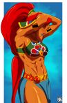  1girl dark_skin gerudo green_eyes highres jewelry lipstick looking_at_viewer makeup muscle muscular_female naavs pointy_ears redhead smile solo the_legend_of_zelda the_legend_of_zelda:_breath_of_the_wild urbosa 