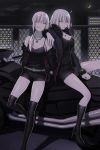  2girls ahoge black black_coat black_dress black_jacket black_legwear black_shirt blonde_hair boots breasts cigarette cleavage coat dress fate/grand_order fate/stay_night fate_(series) fur-trimmed_coat fur_trim ground_vehicle hair_bun high_heel_boots high_heels highres jacket jeanne_alter jewelry knee_boots looking_at_viewer moon motor_vehicle motorcycle mouth_hold multiple_girls necklace night nipi27 off_shoulder ponytail ruler_(fate/apocrypha) saber saber_alter shirt short_dress short_hair shorts thigh_boots yellow_eyes 