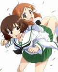  2girls akiyama_yukari back-to-back bangs blouse brown_eyes brown_hair brown_shoes cowboy_shot girls_und_panzer green_skirt leaning_forward loafers locked_arms long_sleeves looking_at_viewer looking_back messy_hair miniskirt multiple_girls nana_(manaita_koumuten) neckerchief nishizumi_miho open_mouth pleated_skirt school_uniform serafuku shoes short_hair skirt smile socks standing white_background white_blouse white_legwear 