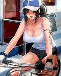  1girl :d alternate_hairstyle arm_ribbon bare_shoulders baseball_cap bicycle black_hair breasts brown_eyes cleavage collarbone door final_fantasy final_fantasy_vii fingerless_gloves flat_tire gloves ground_vehicle hat highres large_breasts long_hair open_mouth outdoors ponytail red_ribbon ribbon see-through_silhouette short_shorts shorts sidelocks smile solo suuitchi sweat tank_top tifa_lockhart white_gloves 