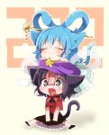  2girls :3 :d ^_^ animal_ears bangs beret black_eyes black_hair black_skirt blue_hair breasts cat_ears cat_tail chibi closed_eyes fang fukurahagi_uomaru full_body hagoromo hair_ornament hair_rings hair_stick hat jiangshi kaku_seiga kemonomimi_mode miyako_yoshika multiple_girls ofuda open_mouth red_shirt ringlets shawl shirt short_sleeves skirt smile tail touhou 