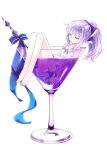  1girl 54hao bare_arms bare_legs barefoot blue_ribbon closed_eyes cocktail cocktail_glass cup dress drinking_glass highres ice legs long_hair original parted_lips ponytail purple_hair ribbon short_dress sidelocks sitting sleeping solo toothpick white_dress 