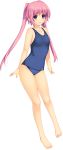  1girl bangs bare_shoulders barefoot breasts eyebrows_visible_through_hair full_body highres iizuki_tasuku long_hair looking_at_viewer lovely_x_cation_2 nirasaki_hinata official_art one-piece_swimsuit pink_hair school_swimsuit small_breasts smile solo swimsuit transparent_background twintails violet_eyes 