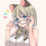  1girl adjusting_glasses alternate_color animal_ears aqua_eyes cat_ears glasses holding kemono_friends looking_at_viewer margay_(kemono_friends) margay_ears margay_print margay_tail senmen_kinuko short_hair silver_hair solo striped striped_background 